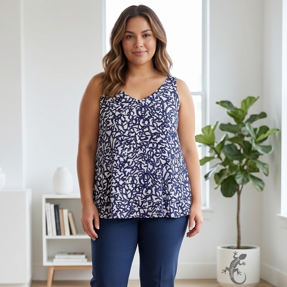 Lane Bryant Abstract V Neck Tank Top Womens 20 Navy White Chiffon Layered Shell